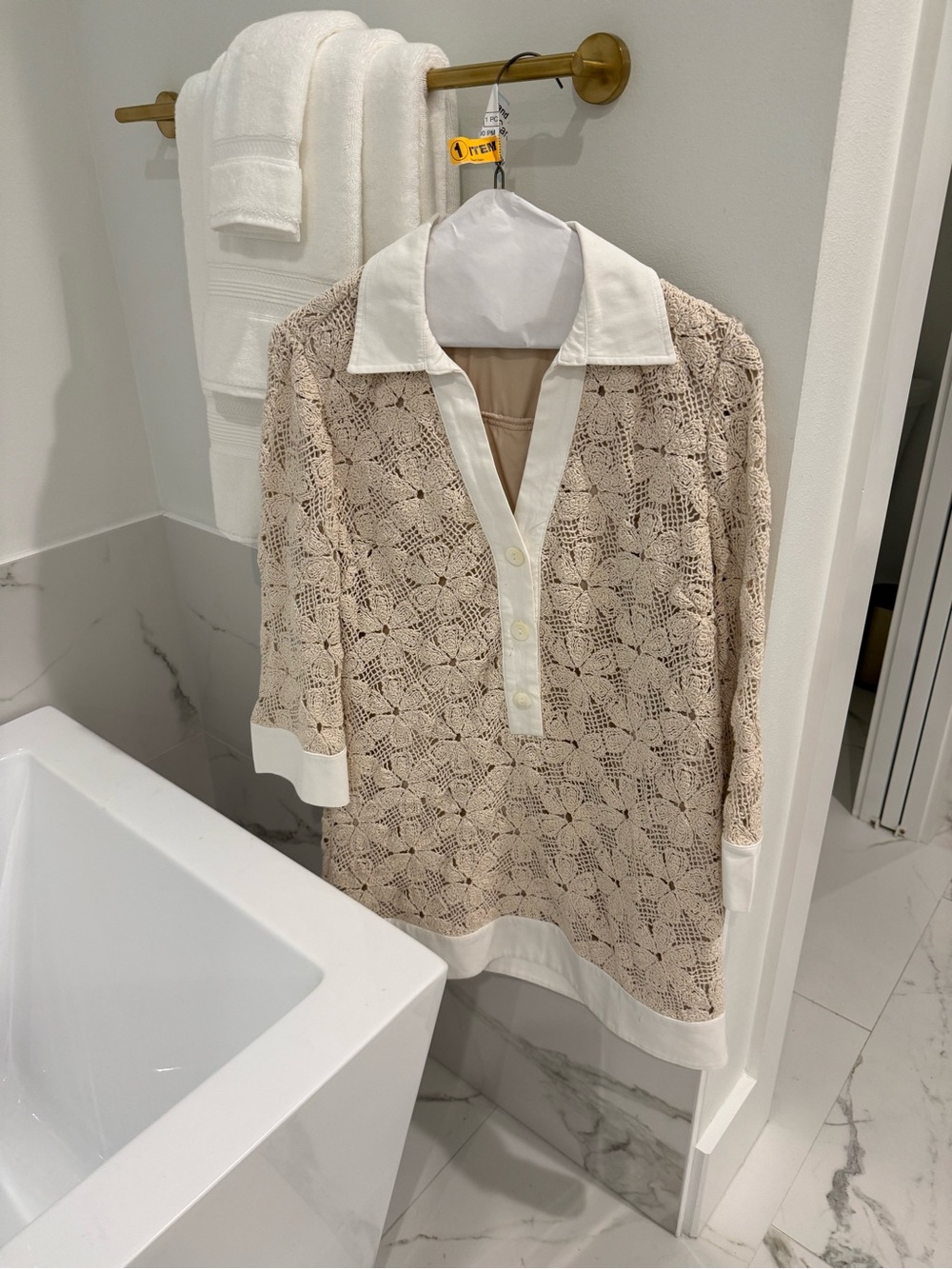 Tuckernuck Cream Crochet Polo Tunic with White Trim